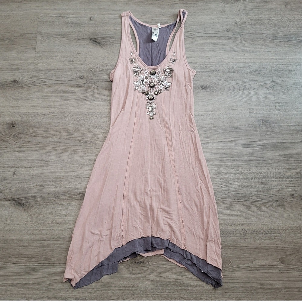 Guess Y2K Pink Beaded Handkerchief Hem Tunic Tank Dress Medium Boho Fairycore